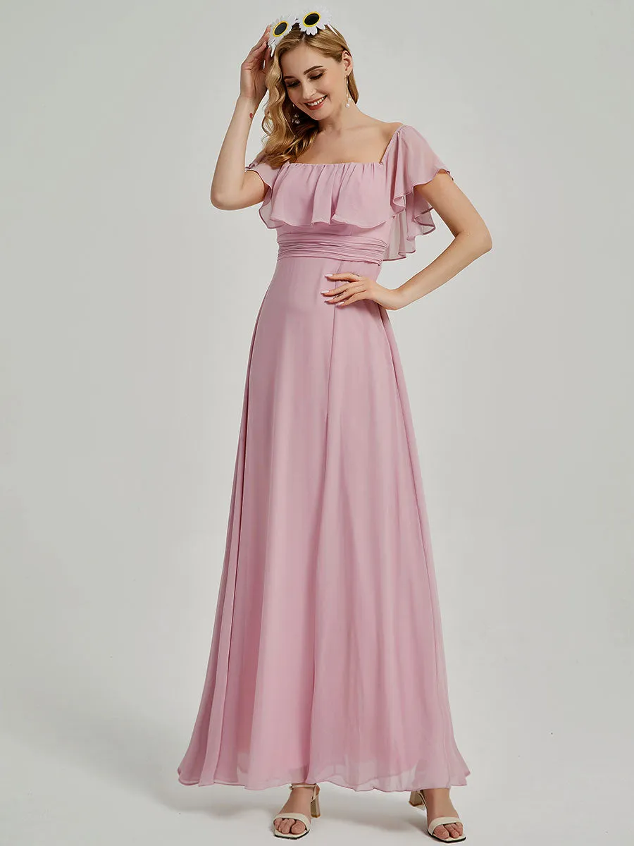 Dusty Rose Convertible Ruffle Sleeves Chiffon Maxi Bridesmaid Dresses