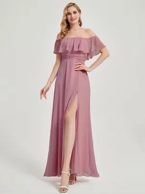 Dusty Rose Convertible Ruffle Sleeves Chiffon Maxi Bridesmaid Dresses