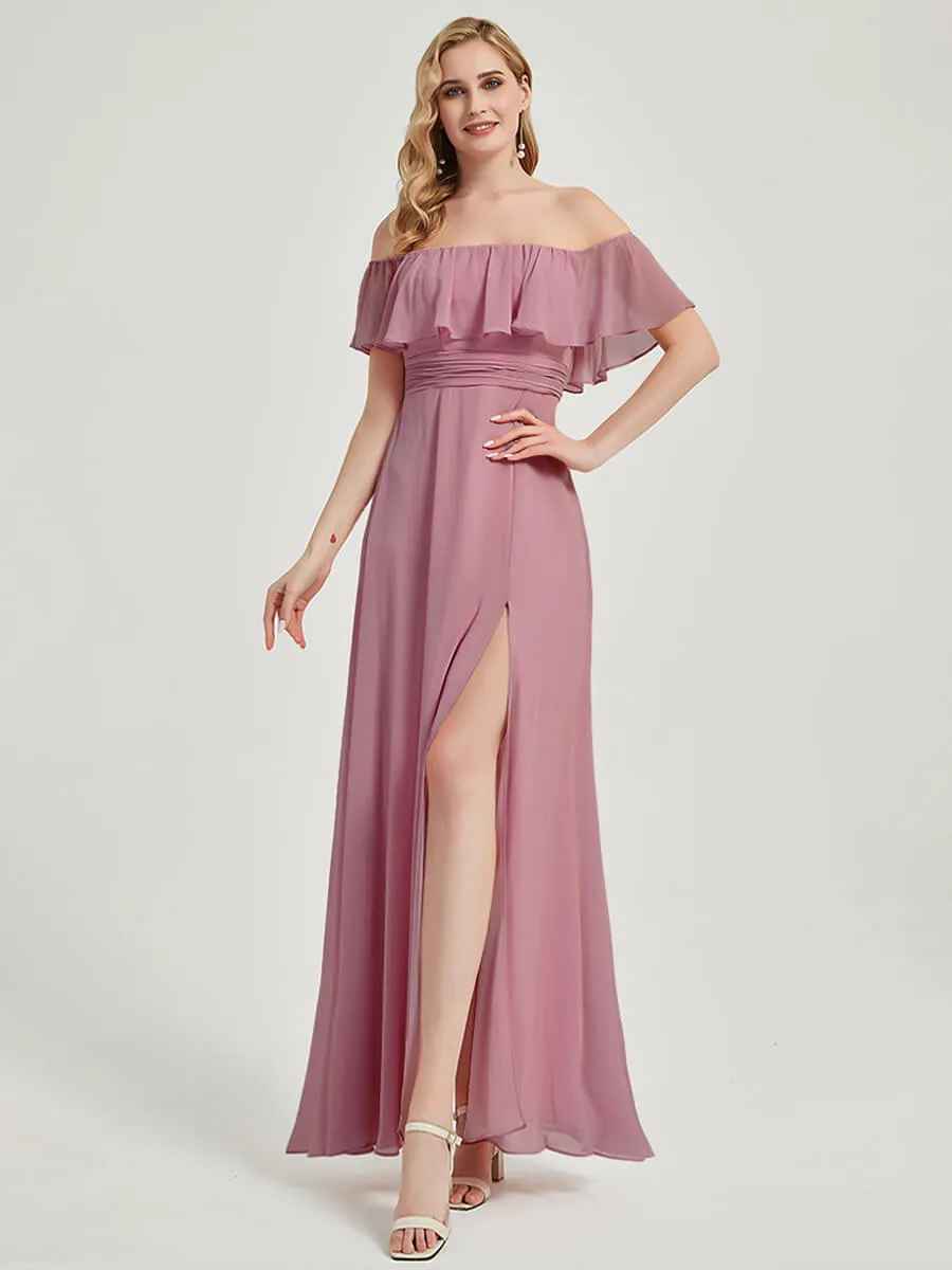 Dusty Rose Convertible Ruffle Sleeves Chiffon Maxi Bridesmaid Dresses