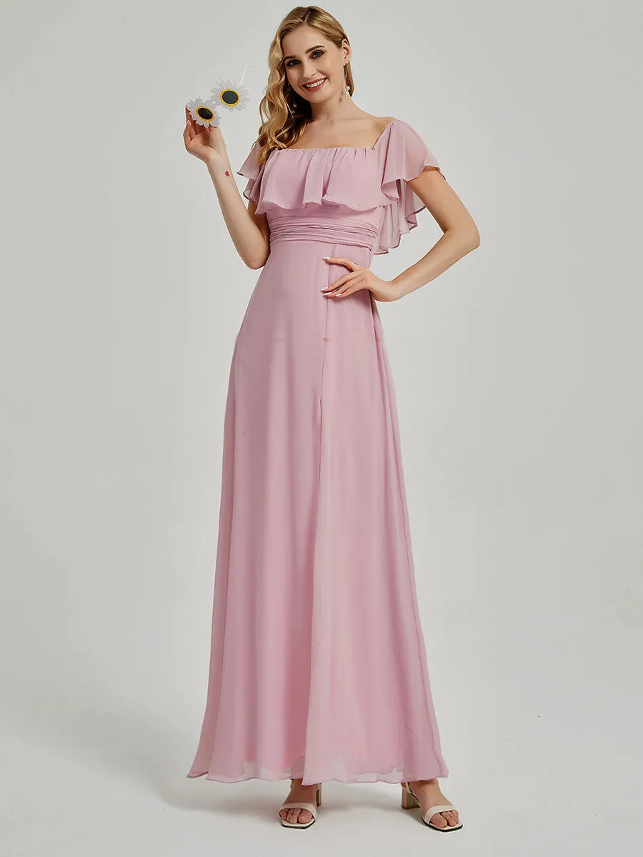 Dusty Rose Convertible Ruffle Sleeves Chiffon Maxi Bridesmaid Dresses
