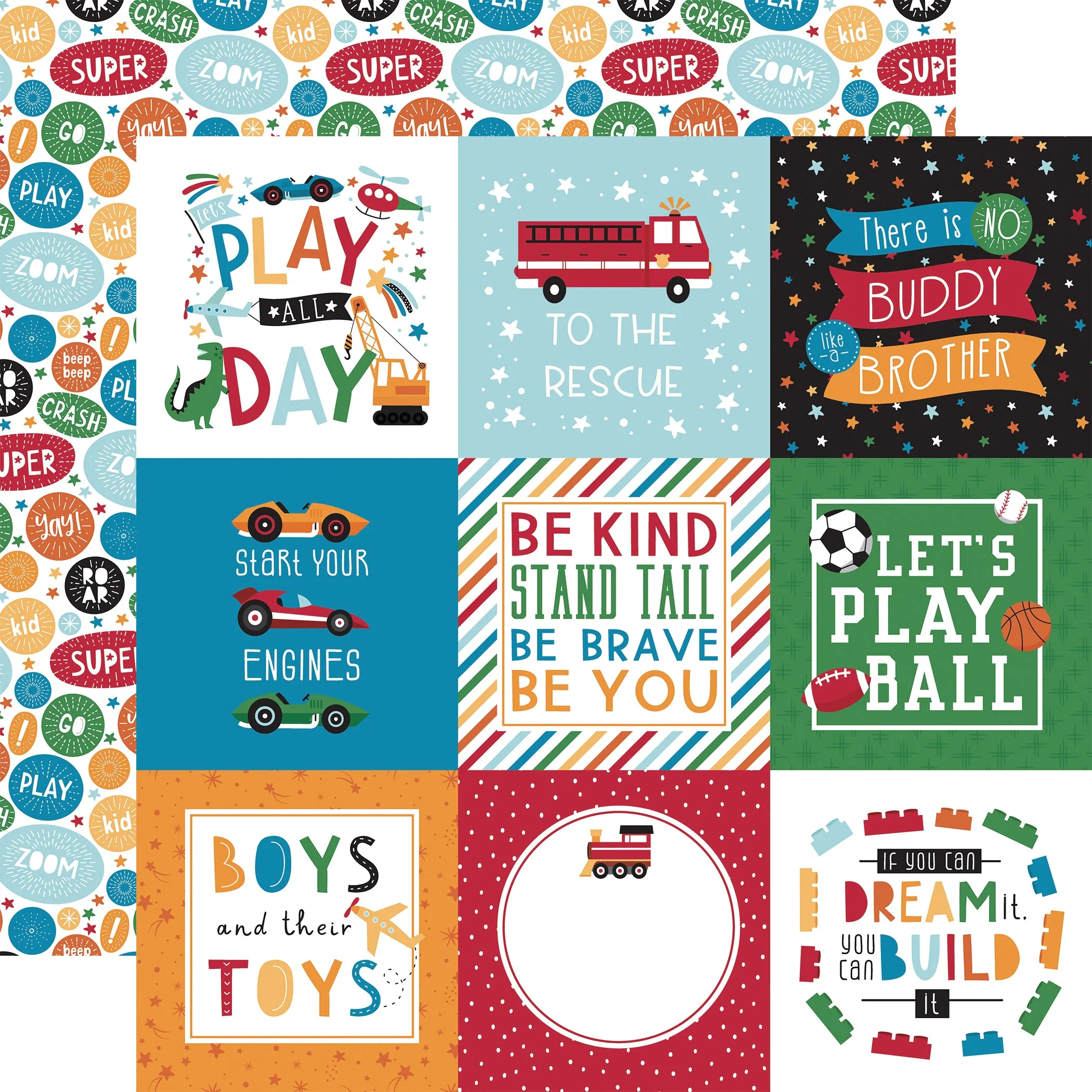 Echo Park - Play All Day Boy - 12x12 Single Sheet / 4x4 Journaling Cards