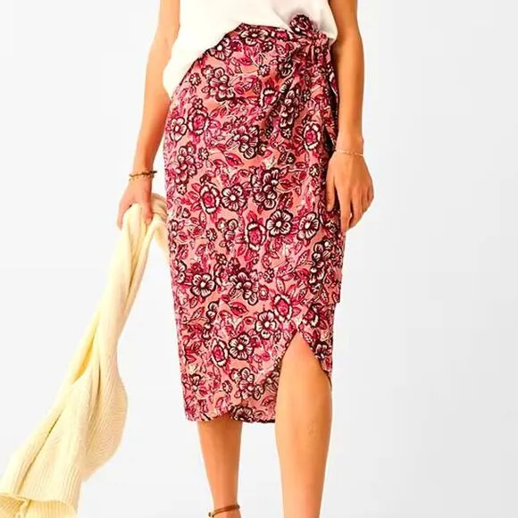 Faherty Pacifica Linen Blend Wrap Skirt Floral Rose Dessert Women's Size XS NWT