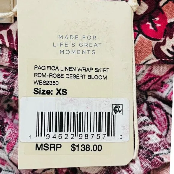 Faherty Pacifica Linen Blend Wrap Skirt Floral Rose Dessert Women's Size XS NWT