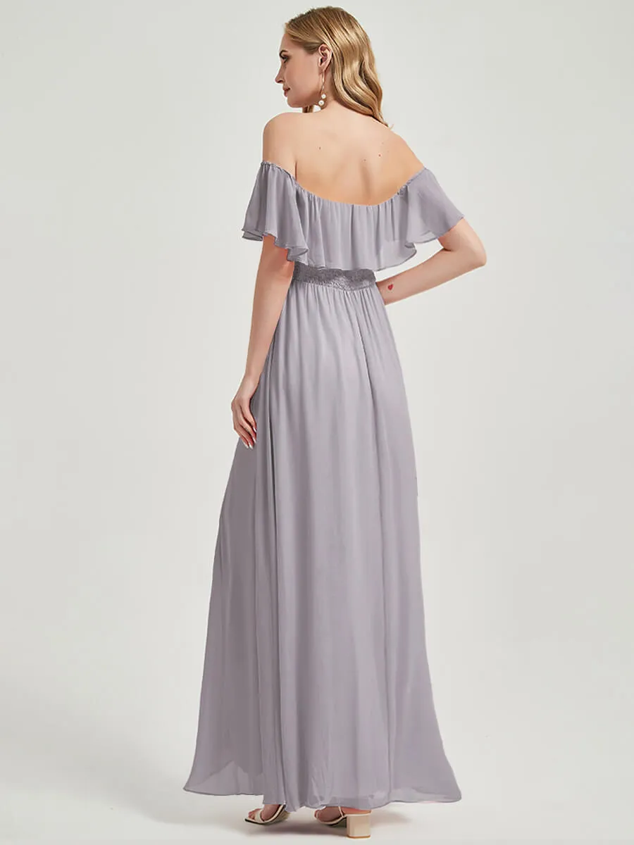 [Final Sale] iaDolphin Grey Convertible Ruffle Sleeves Chiffon Maxi Bridesmaid Dress