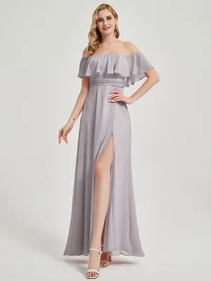 [Final Sale] iaDolphin Grey Convertible Ruffle Sleeves Chiffon Maxi Bridesmaid Dress