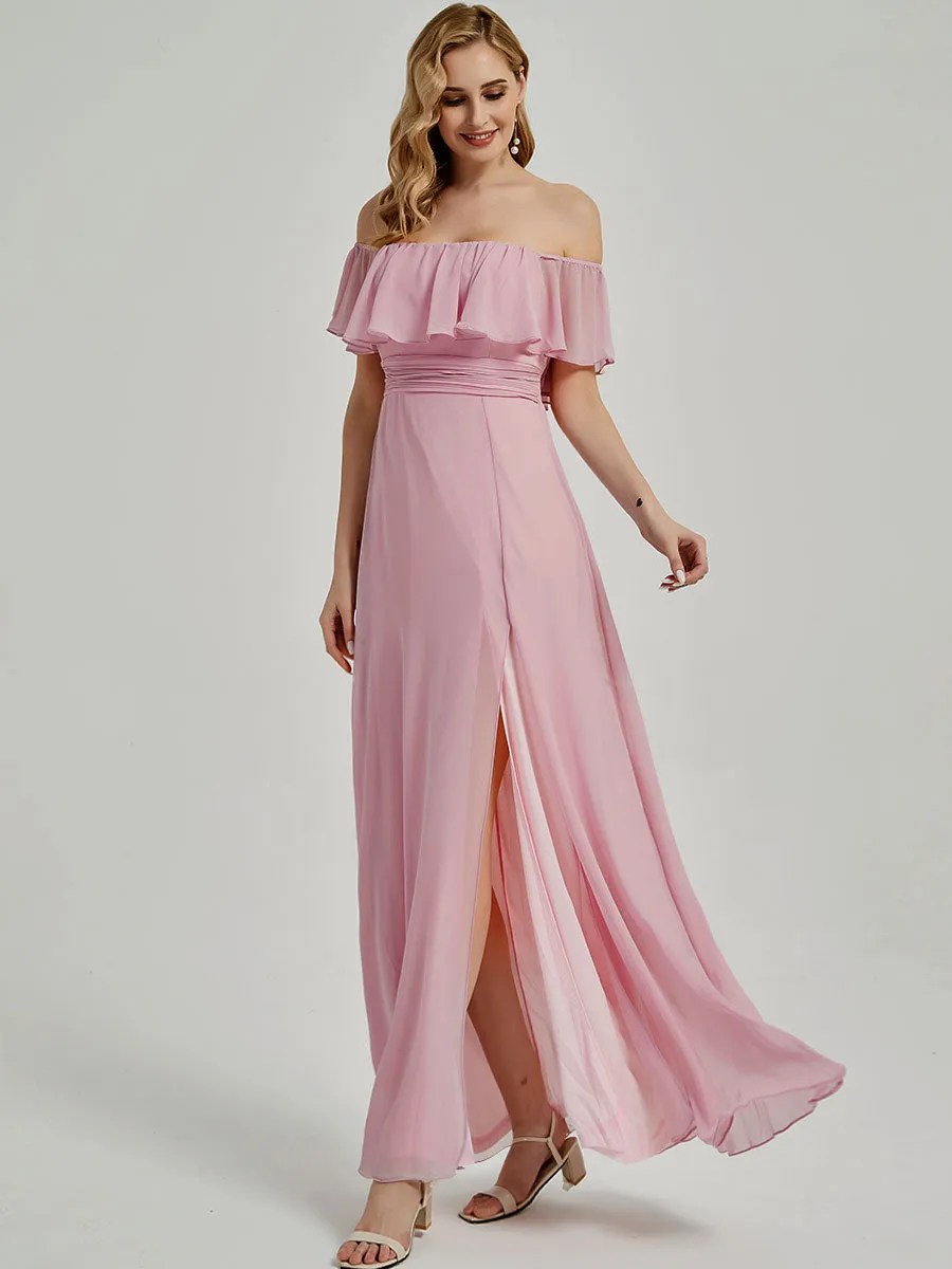 [Final Sale] Mauve Convertible Ruffle Sleeves Chiffon Maxi Slit Bridesmaid Dresses