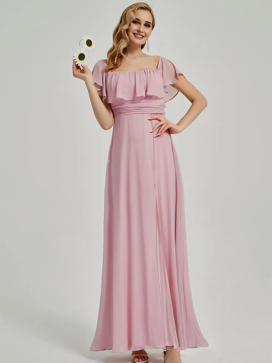 [Final Sale] Mauve Convertible Ruffle Sleeves Chiffon Maxi Slit Bridesmaid Dresses