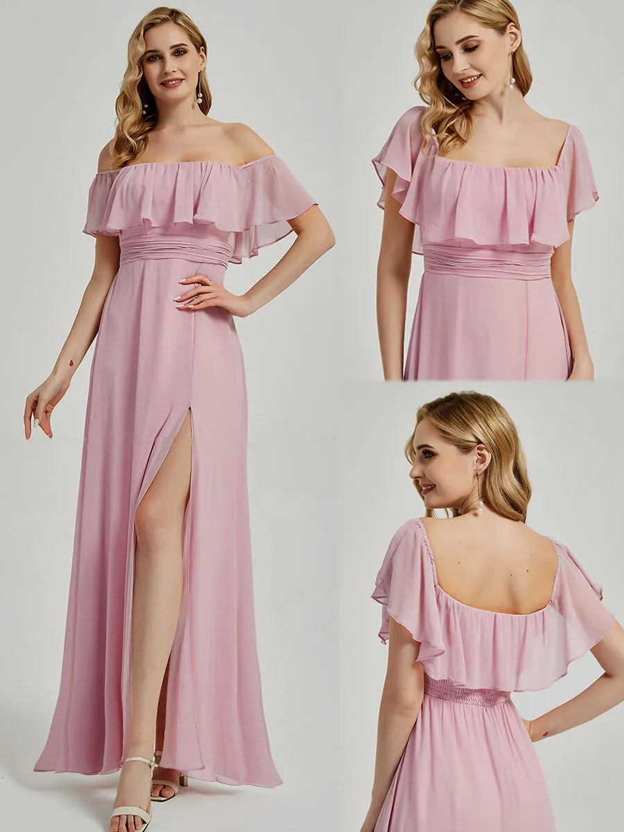 [Final Sale] Mauve Convertible Ruffle Sleeves Chiffon Maxi Slit Bridesmaid Dresses
