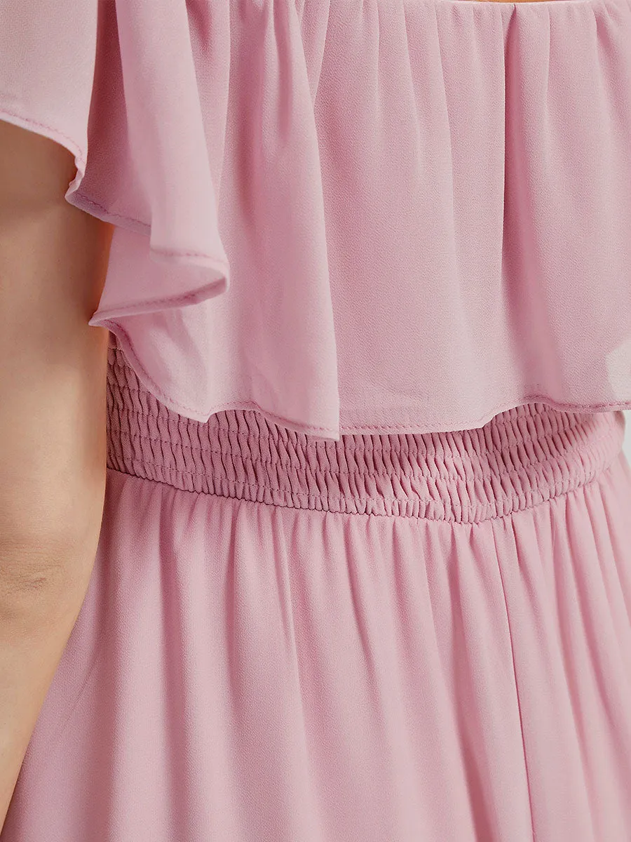[Final Sale] Mauve Convertible Ruffle Sleeves Chiffon Maxi Slit Bridesmaid Dresses