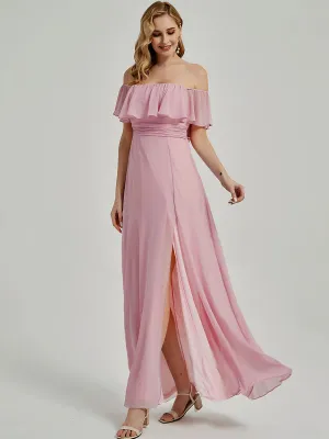 [Final Sale] Mauve Convertible Ruffle Sleeves Chiffon Maxi Slit Bridesmaid Dresses
