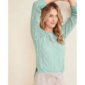 Garnet Hill Cabled Linen And Cotton Pullover Sweater In Sea Green Size M