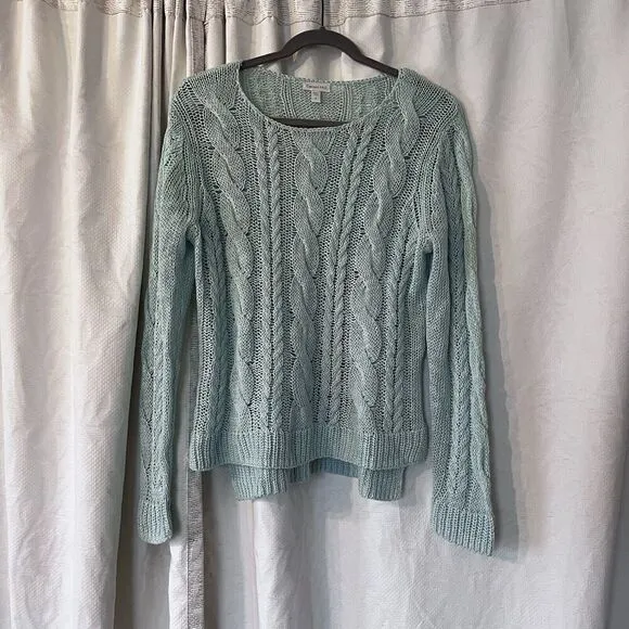 Garnet Hill Cabled Linen And Cotton Pullover Sweater In Sea Green Size M