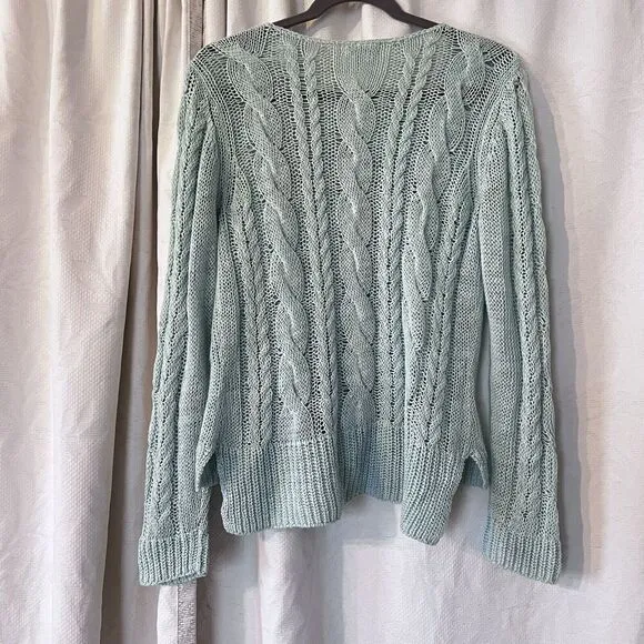 Garnet Hill Cabled Linen And Cotton Pullover Sweater In Sea Green Size M