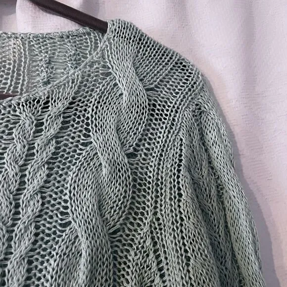 Garnet Hill Cabled Linen And Cotton Pullover Sweater In Sea Green Size M