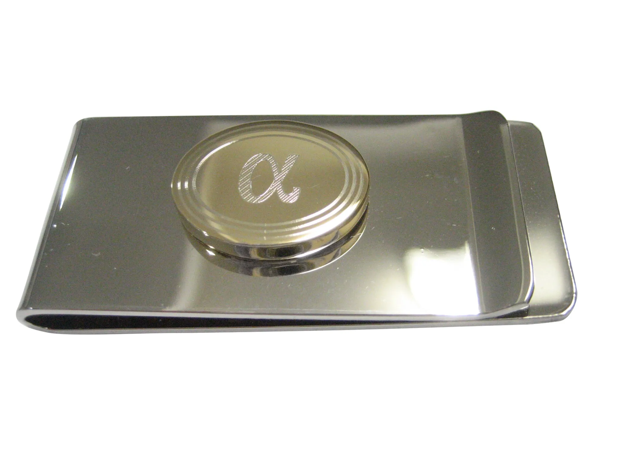 Gold Toned Etched Oval Greek Letter Alpha Money Clip