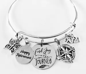 Happy Retirement Find Joy in the Journey Expandable Charm Bracelet Silver Adjustable Wire Bangle One Size Fits All Gift