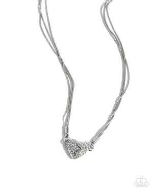 Heartbroken Bling - White - Rhinestone Encrusted Magnetic Heart Paparazzi Short Necklace