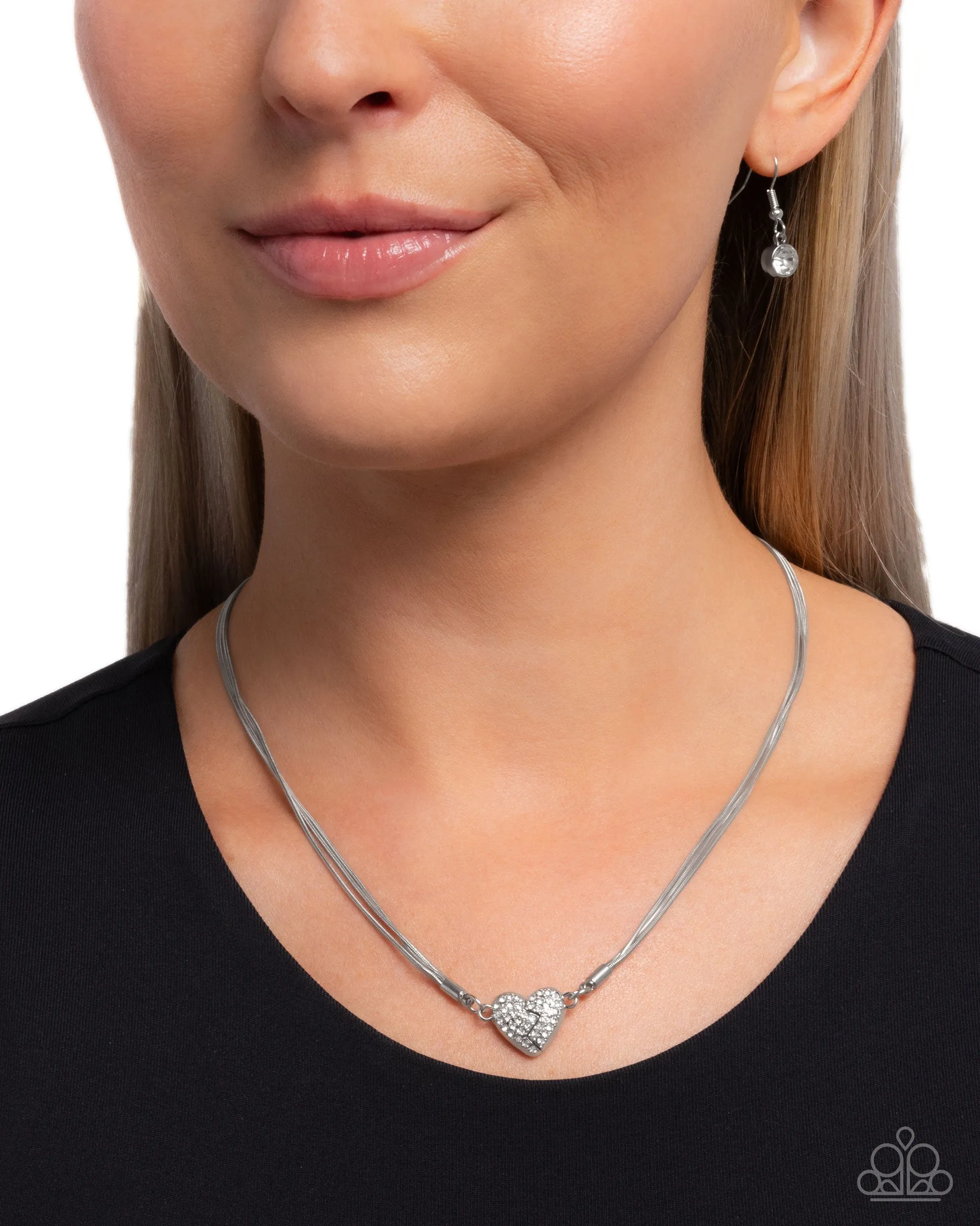 Heartbroken Bling - White - Rhinestone Encrusted Magnetic Heart Paparazzi Short Necklace