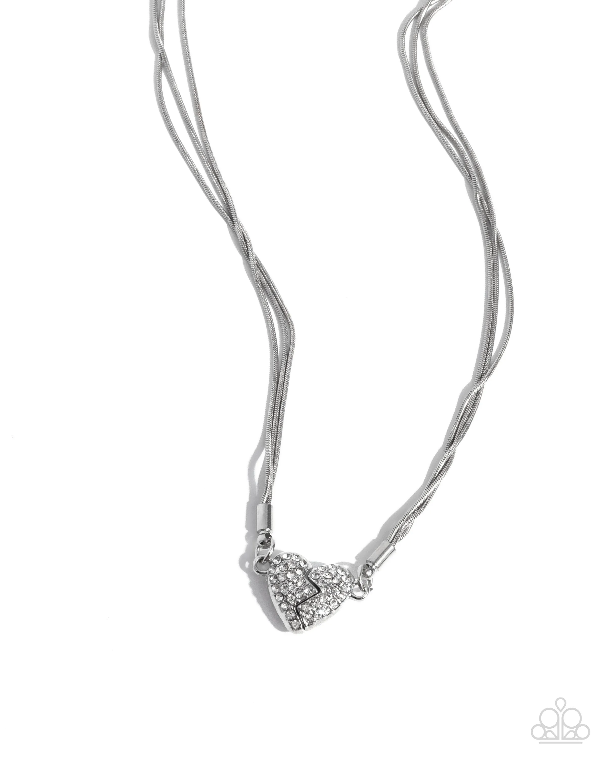 Heartbroken Bling - White - Rhinestone Encrusted Magnetic Heart Paparazzi Short Necklace