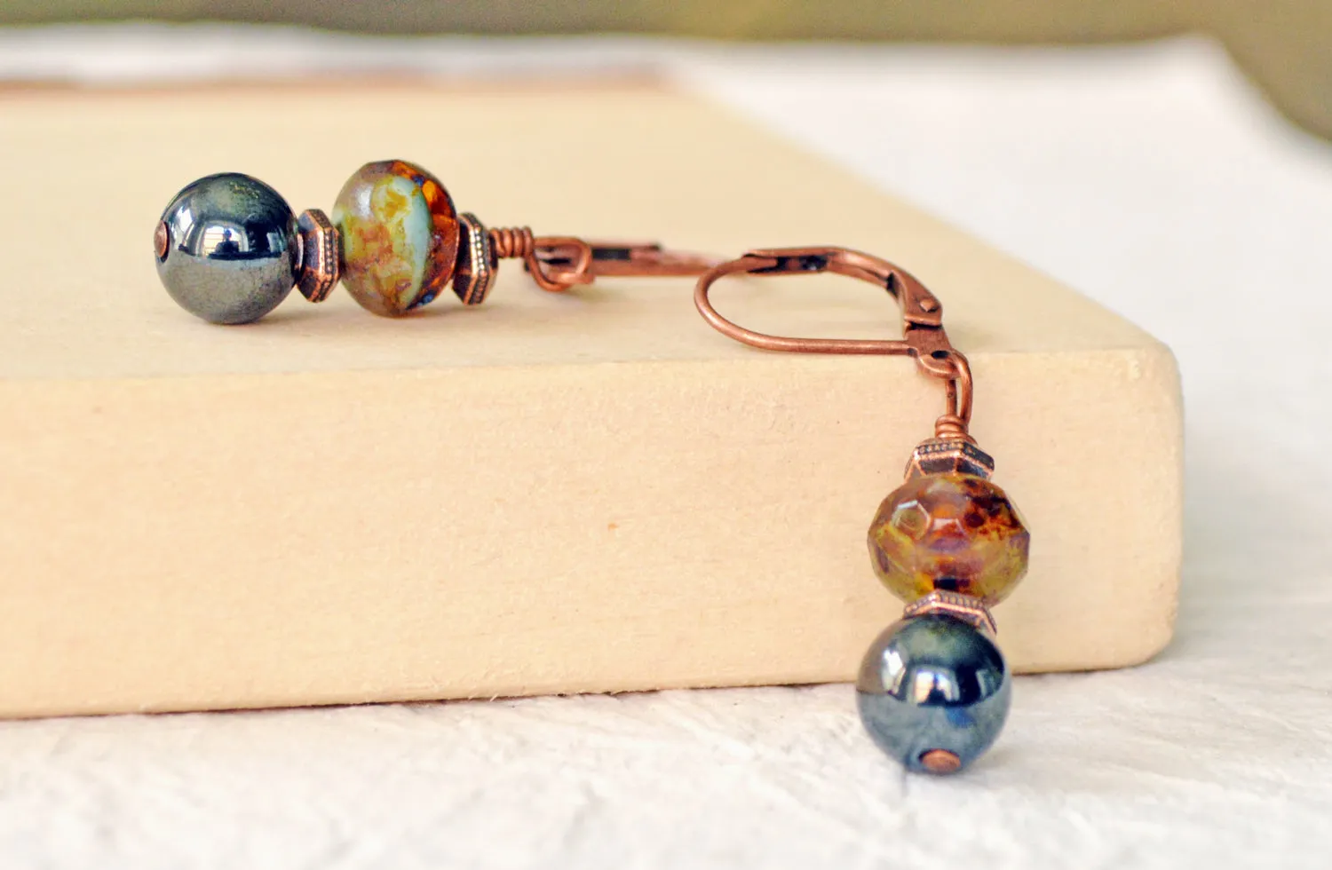 Hematite Magnetic Earrings Earthy Czech Glass