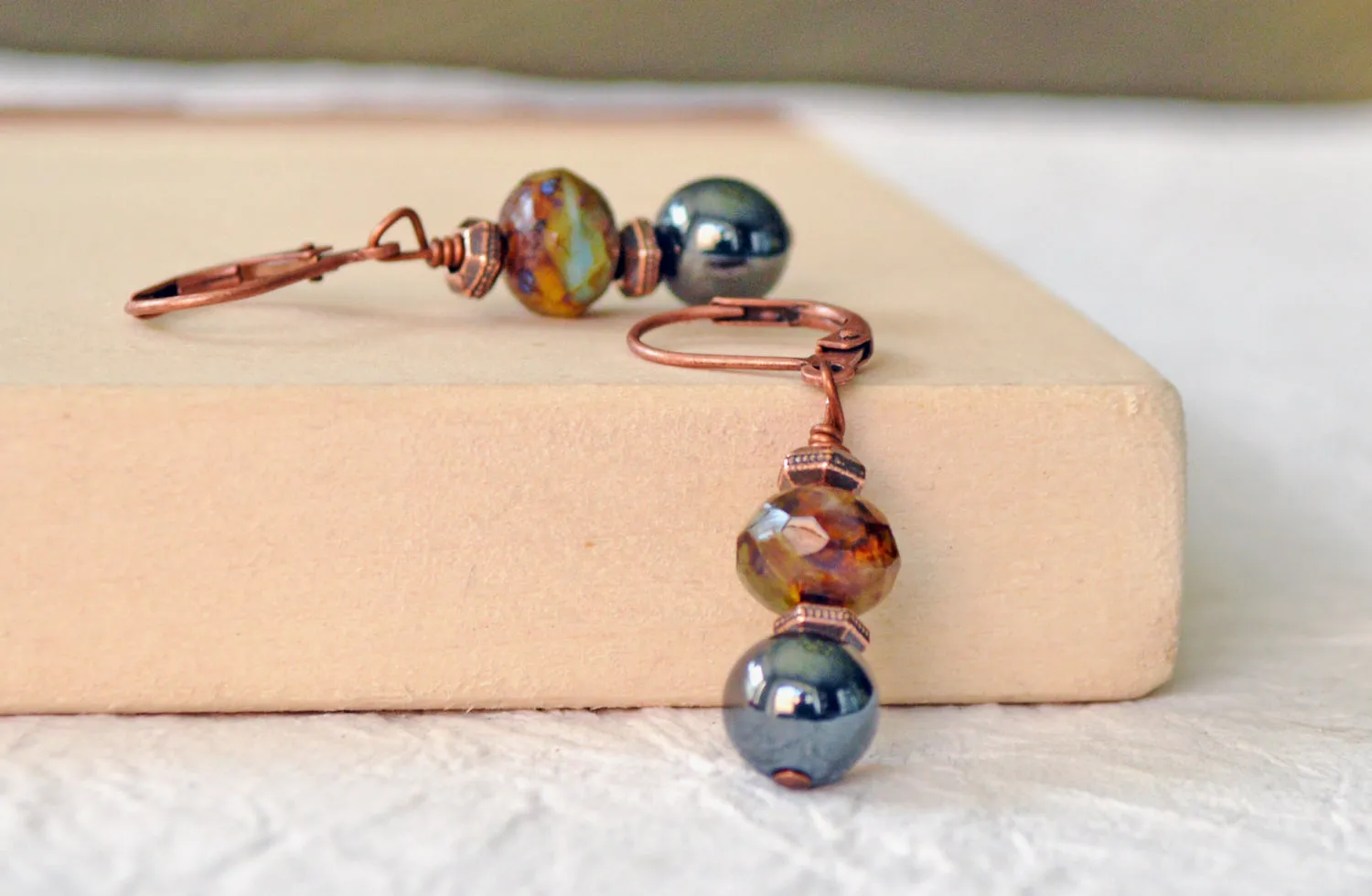 Hematite Magnetic Earrings Earthy Czech Glass