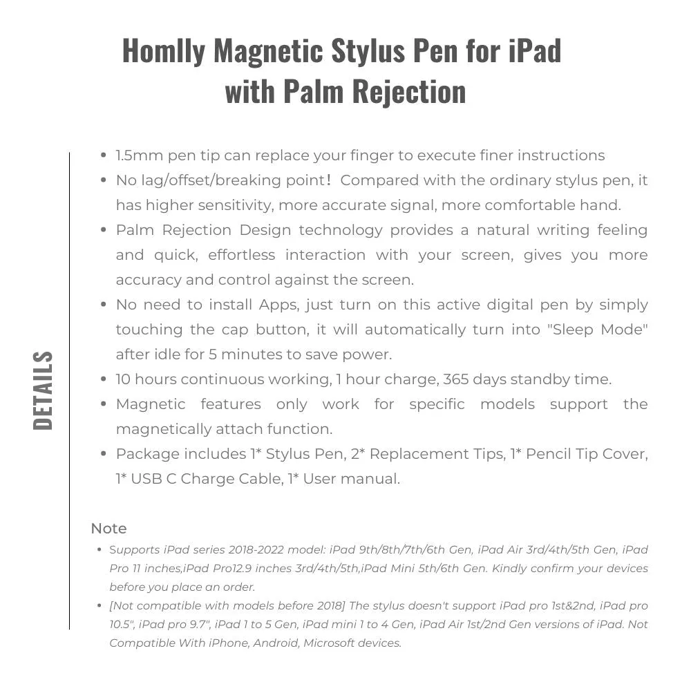 Homlly Magnetic Stylus Pen for iPad with Palm Rejection