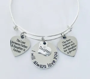 I Will Always Love You Daughter Expandable Charm Bracelet Adjustable Silver Wire Bangle Gift Mother Daughter Forever Father Daughter Forever