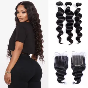 Indian Loose Deep Bundles With 4×4 Closure 10A Grade 100% Human Remy Hair MYLOCKME