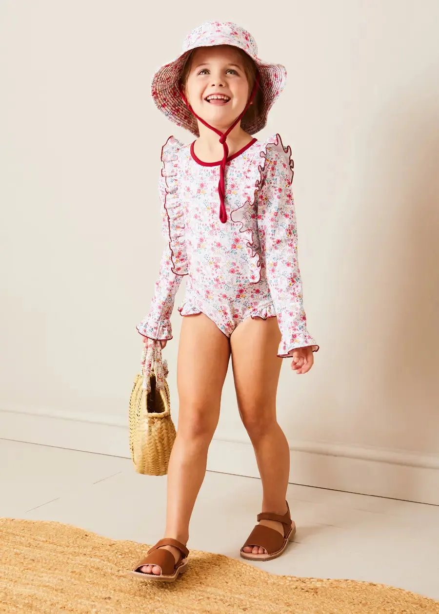 Louisa Floral Ruffle Trim Long Sleeve Swimsuit in Pink (2-10yrs)