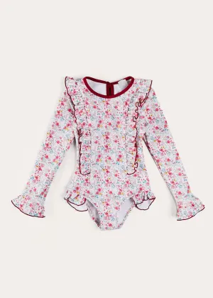 Louisa Floral Ruffle Trim Long Sleeve Swimsuit in Pink (2-10yrs)