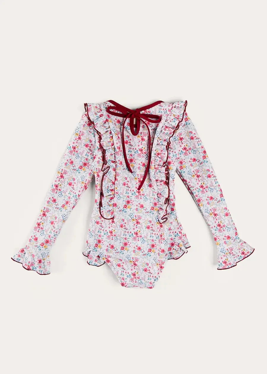 Louisa Floral Ruffle Trim Long Sleeve Swimsuit in Pink (2-10yrs)