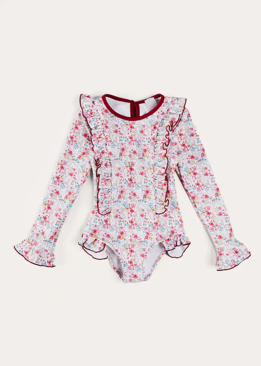 Louisa Floral Ruffle Trim Long Sleeve Swimsuit in Pink (2-10yrs)
