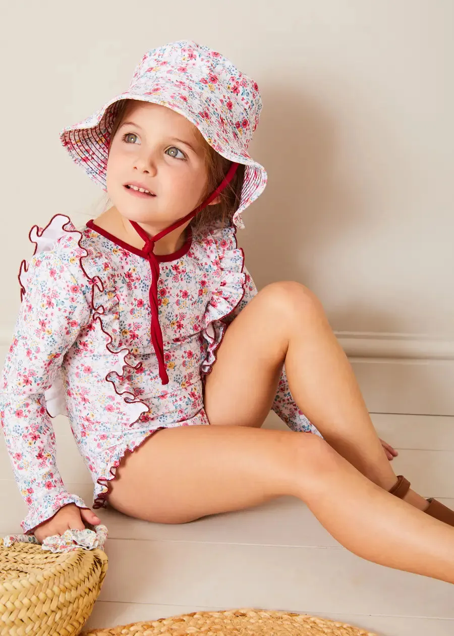 Louisa Floral Ruffle Trim Long Sleeve Swimsuit in Pink (2-10yrs)