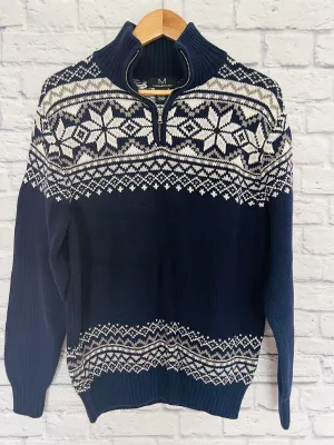 MAGASCHONI Mens Fair Isle Sweater Blue 1/4 Zip Pullover Sz Large Ski Winter Snow