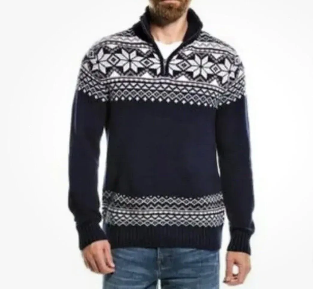 MAGASCHONI Mens Fair Isle Sweater Blue 1/4 Zip Pullover Sz Large Ski Winter Snow