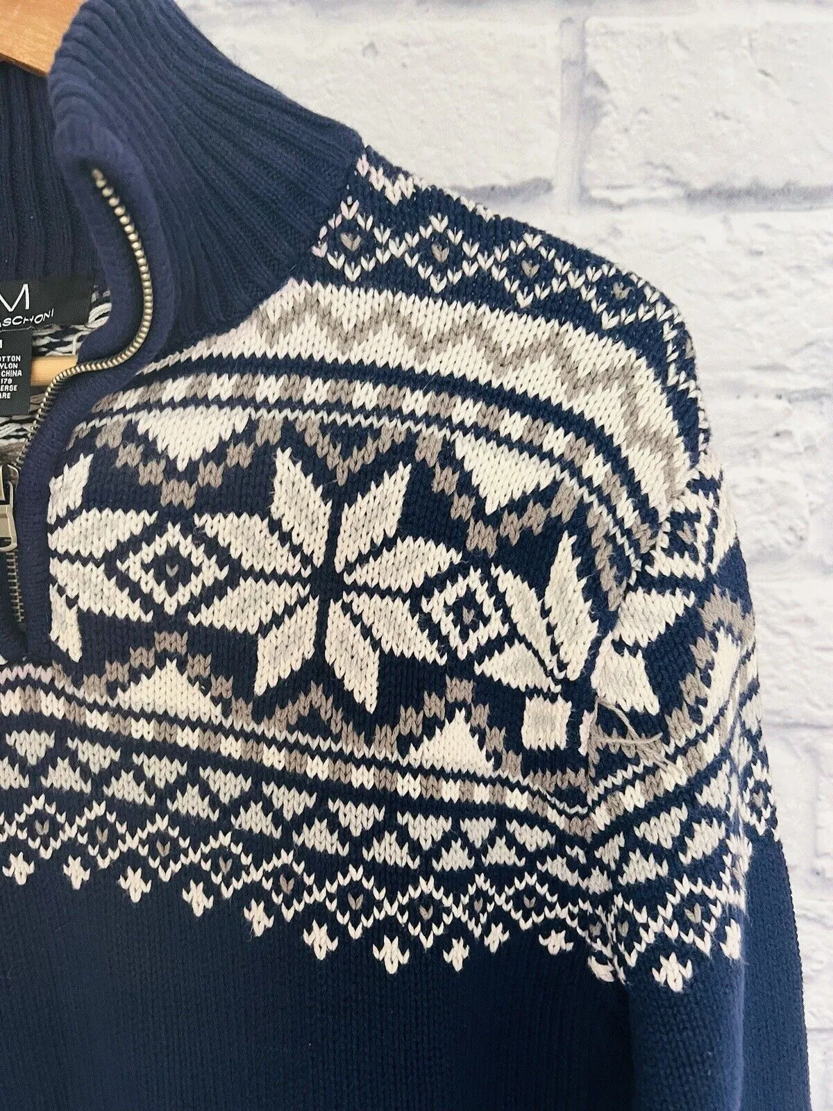 MAGASCHONI Mens Fair Isle Sweater Blue 1/4 Zip Pullover Sz Large Ski Winter Snow