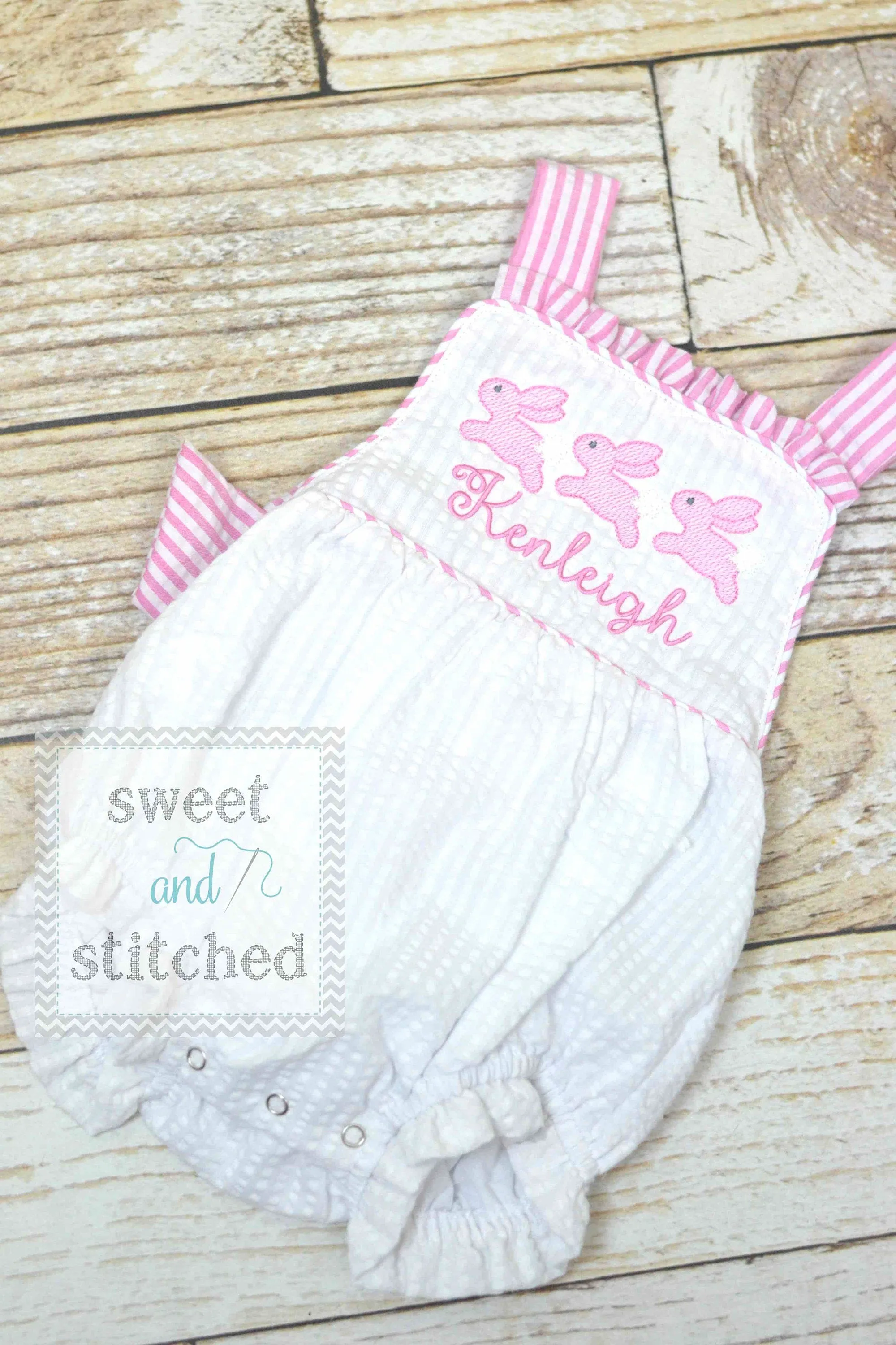 Monogrammed baby girl seersucker Easter romper with bunnies, girls cross backed bubble, easter outfit, church outfit