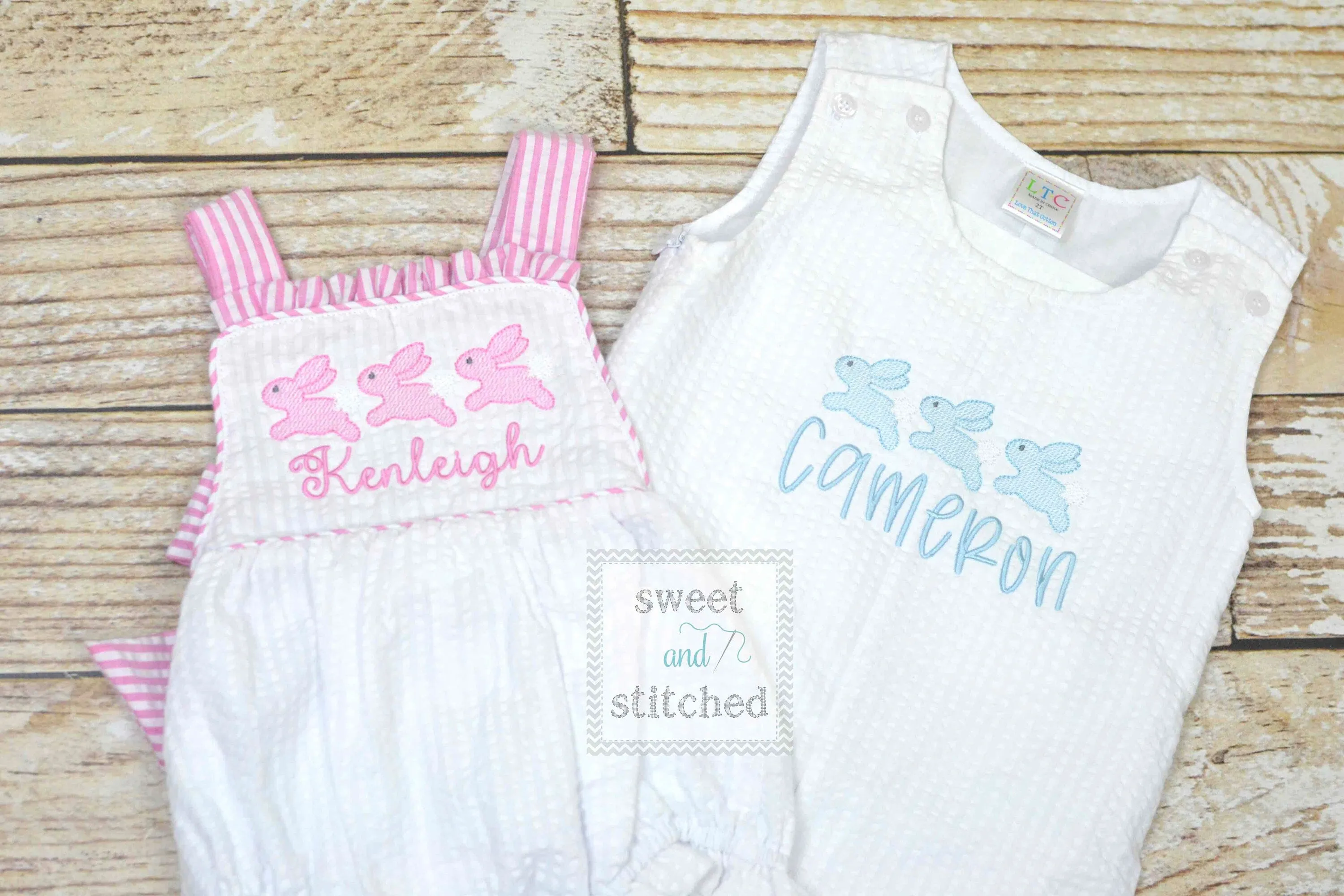 Monogrammed baby girl seersucker Easter romper with bunnies, girls cross backed bubble, easter outfit, church outfit