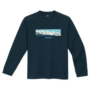 Montbell T-Shirt Unisex Wickron Long Sleeve T White Mountain Range Navy - Everyday Hiking Trekking Firstlayer UV Cut
