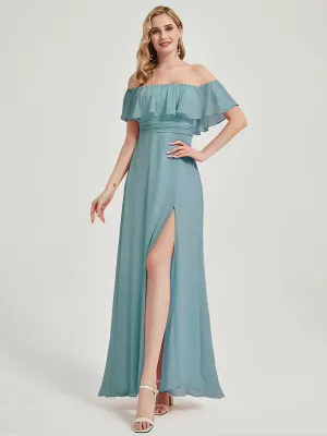 Moody Blue Convertible Ruffle Sleeves Chiffon Maxi Bridesmaid Dresses