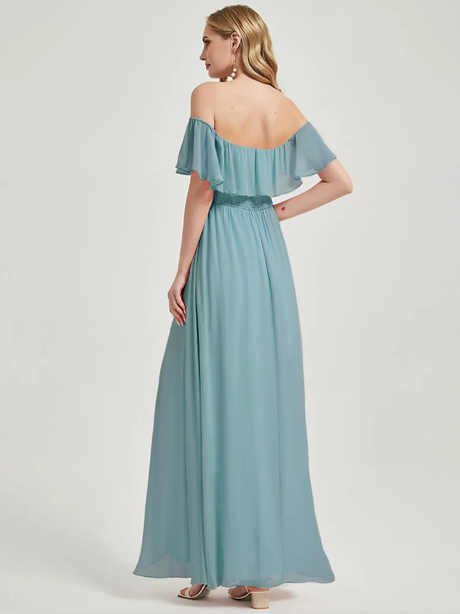 Moody Blue Convertible Ruffle Sleeves Chiffon Maxi Bridesmaid Dresses