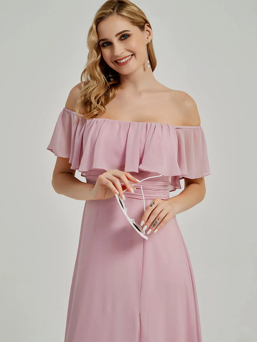 Moody Blue Convertible Ruffle Sleeves Chiffon Maxi Bridesmaid Dresses