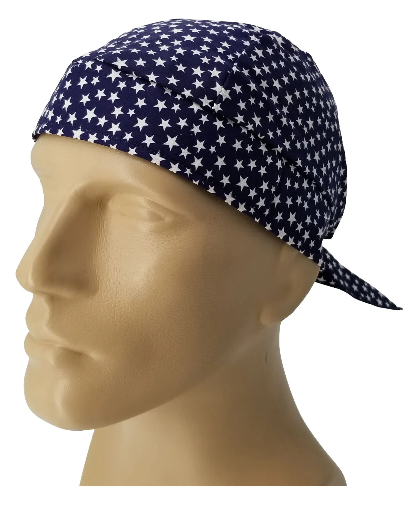 Navy Blue with White Stars Bandana Dorag with Sweatband Doo Rag Made America USA Motorcycle Skull Cap Cotton Helmet Liner