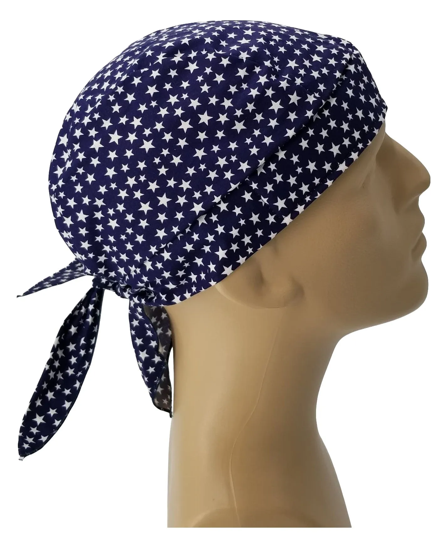 Navy Blue with White Stars Bandana Dorag with Sweatband Doo Rag Made America USA Motorcycle Skull Cap Cotton Helmet Liner