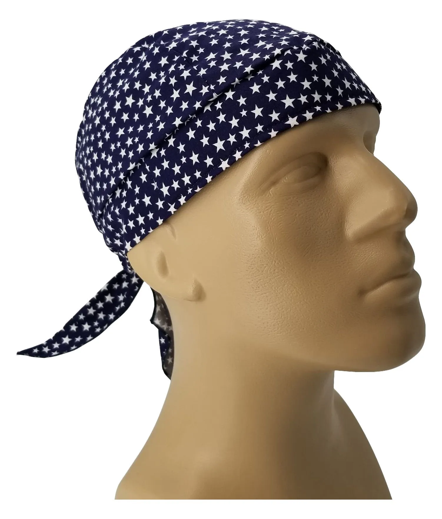 Navy Blue with White Stars Bandana Dorag with Sweatband Doo Rag Made America USA Motorcycle Skull Cap Cotton Helmet Liner