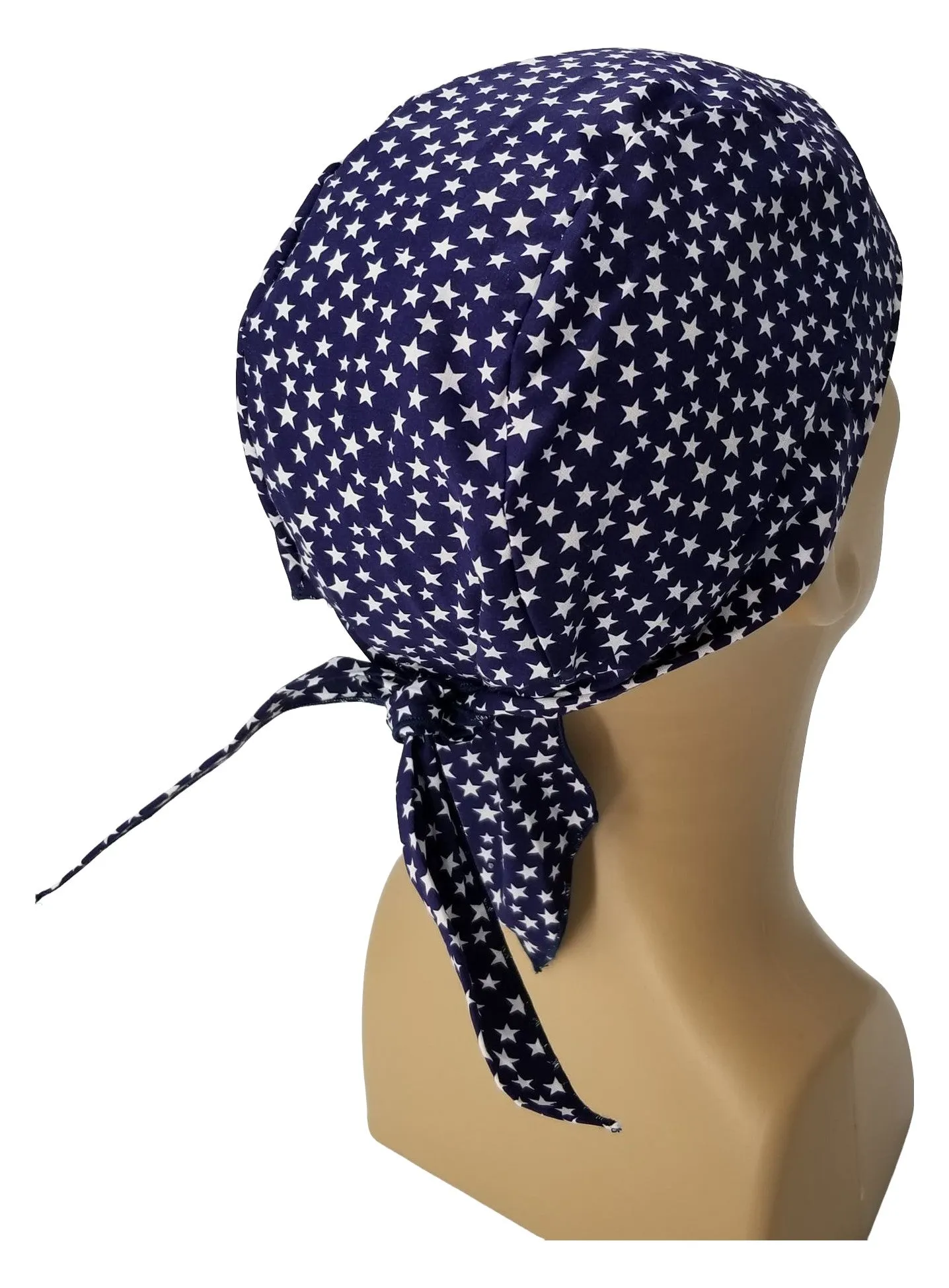 Navy Blue with White Stars Bandana Dorag with Sweatband Doo Rag Made America USA Motorcycle Skull Cap Cotton Helmet Liner