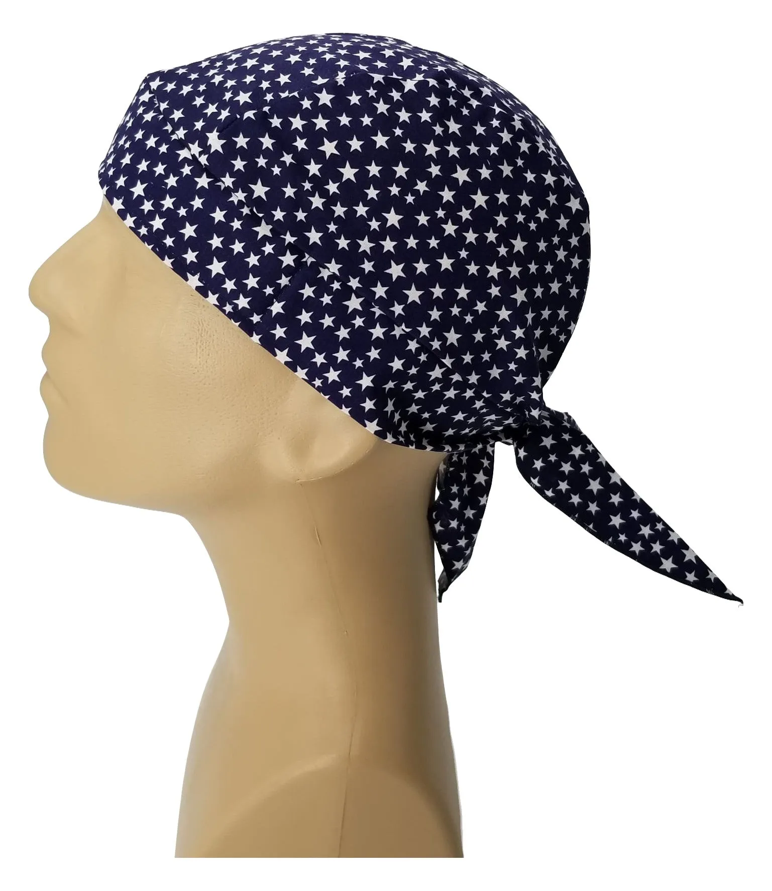 Navy Blue with White Stars Bandana Dorag with Sweatband Doo Rag Made America USA Motorcycle Skull Cap Cotton Helmet Liner