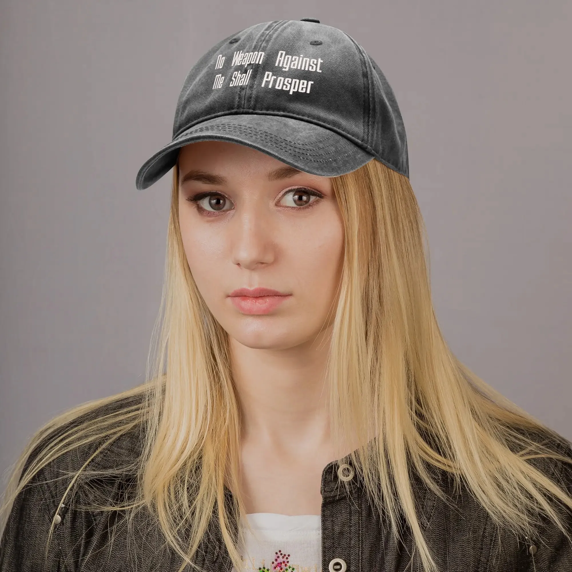No Weapon Against Me Shall Prosper Typography Embroidered Denim Baseball Cap