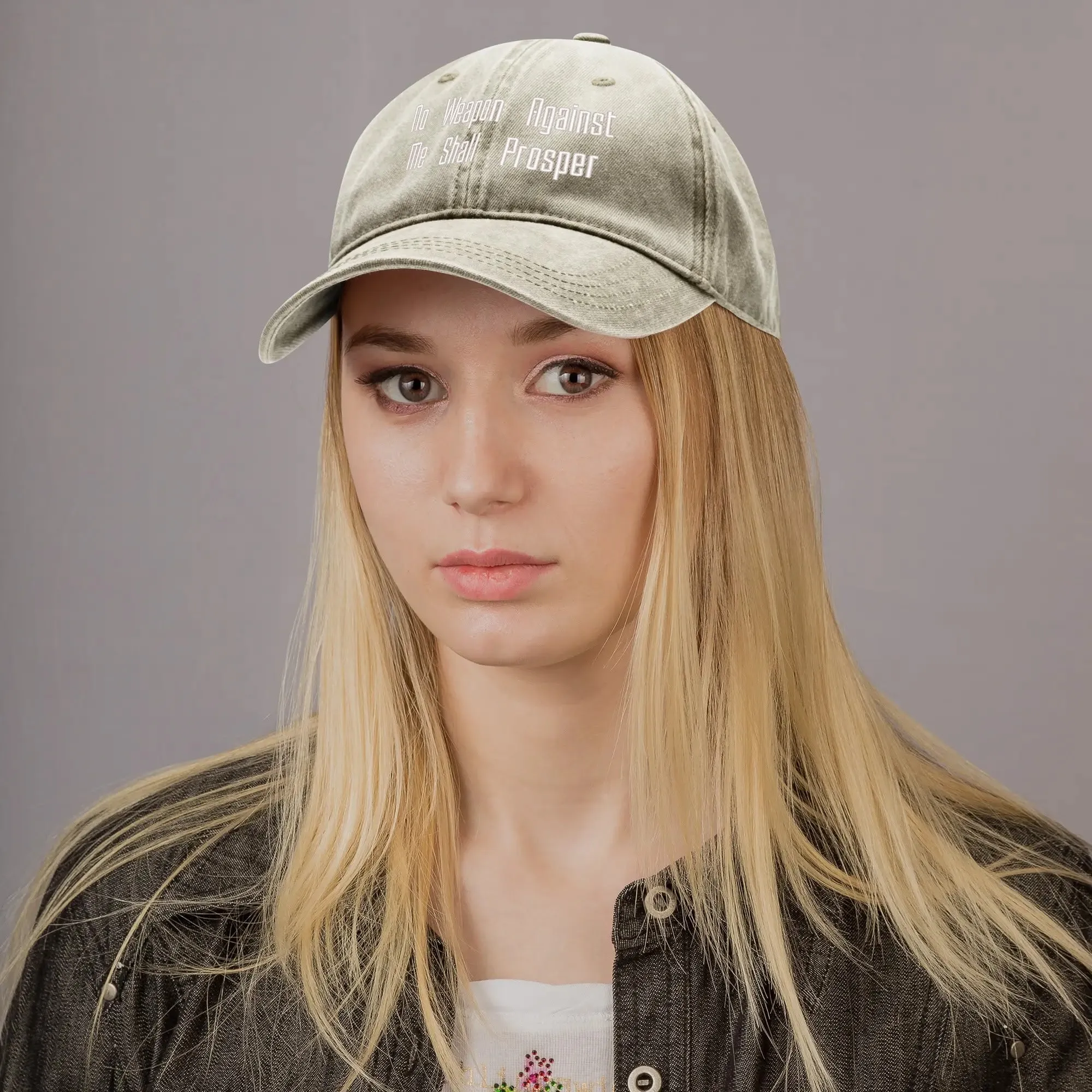 No Weapon Against Me Shall Prosper Typography Embroidered Denim Baseball Cap