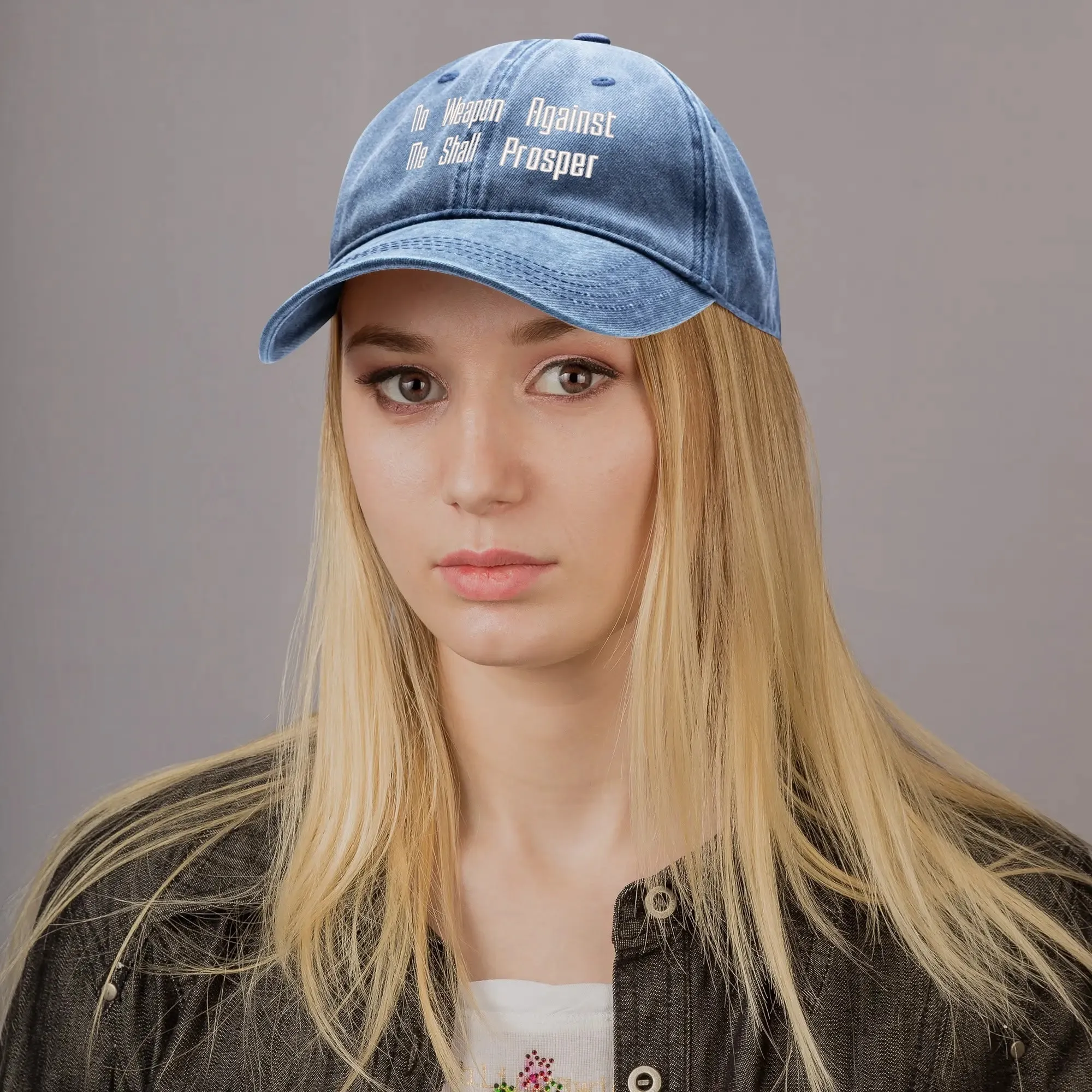 No Weapon Against Me Shall Prosper Typography Embroidered Denim Baseball Cap